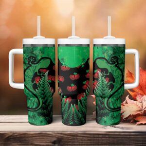 New Zealand Gecko Christmas Meri Kirihimete Paua Shell Mix Pohutukawa Custom Stanley Quencher 40oz Stainless Steel Tumbler With Handle - Threewoofs