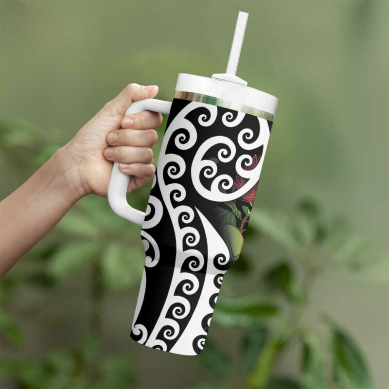New Zealand Kakapo Christmas Meri Kirihimete Pohutukawa Flowers Custom Stanley Quencher 40oz Stainless Steel Tumbler With Handle - Threewoofs - Image 4