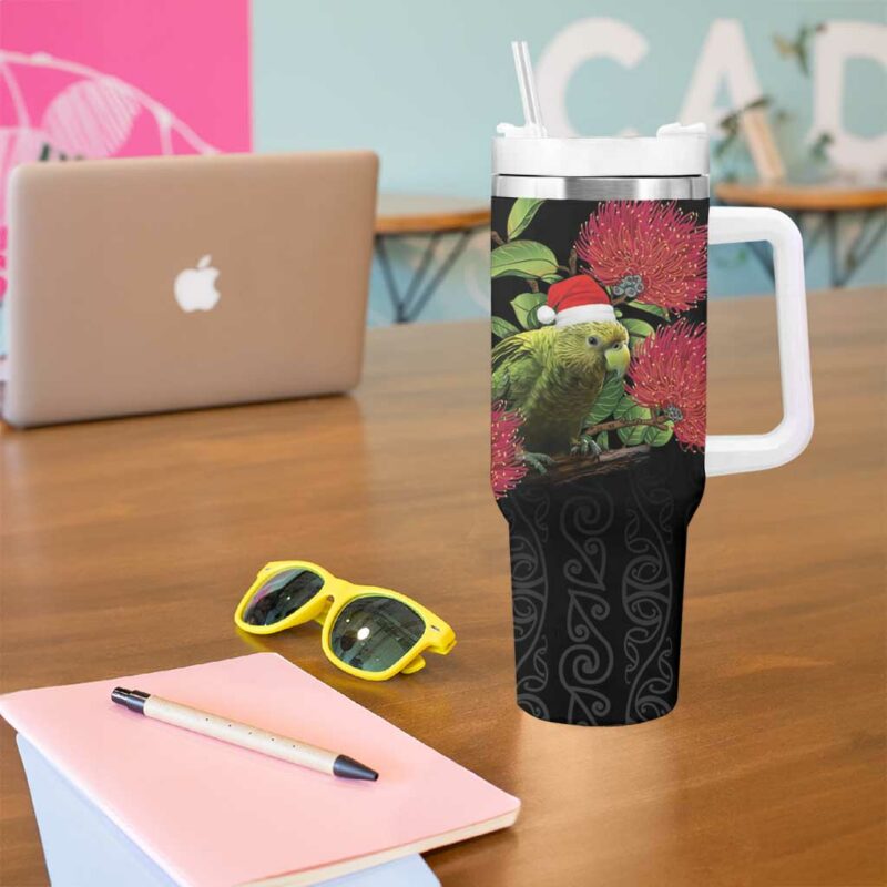 New Zealand Kakapo Christmas Meri Kirihimete Pohutukawa Flowers Custom Stanley Quencher 40oz Stainless Steel Tumbler With Handle - Threewoofs - Image 5