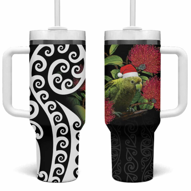 New Zealand Kakapo Christmas Meri Kirihimete Pohutukawa Flowers Custom Stanley Quencher 40oz Stainless Steel Tumbler With Handle - Threewoofs - Image 2