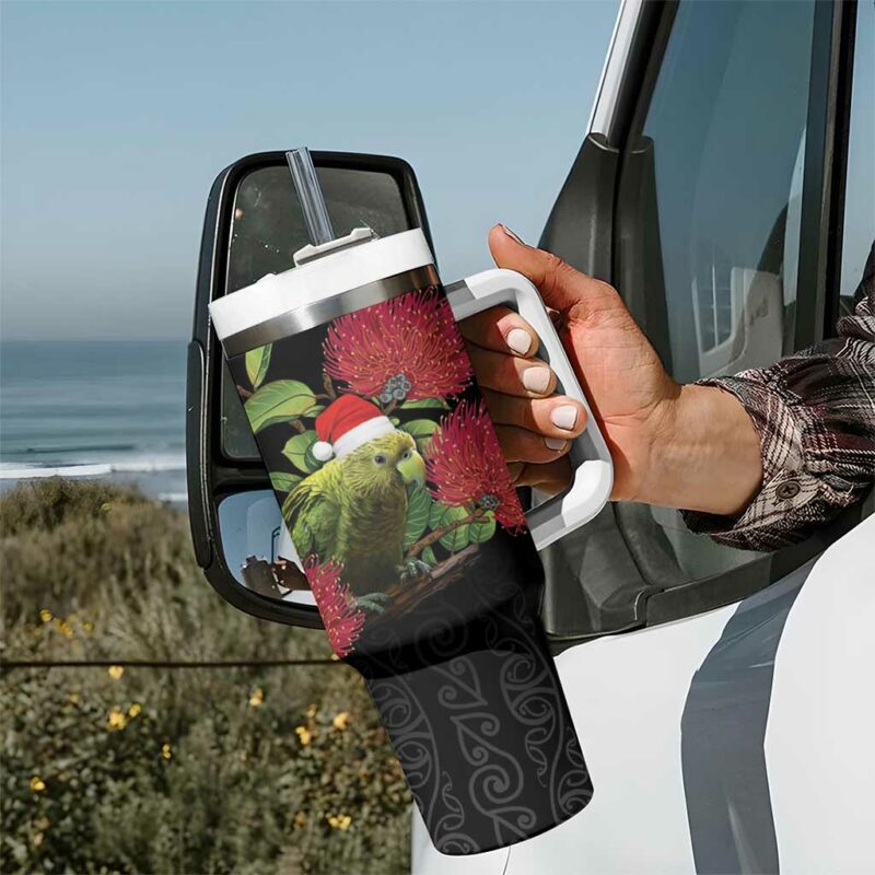 New Zealand Kakapo Christmas Meri Kirihimete Pohutukawa Flowers Custom Stanley Quencher 40oz Stainless Steel Tumbler With Handle - Threewoofs - Image 7