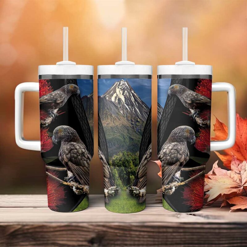 New Zealand Kea And Pohutukawa With The Mountain Landscape Custom Stanley Quencher 40oz Stainless Steel Tumbler With Handle - Threewoofs - Image 4