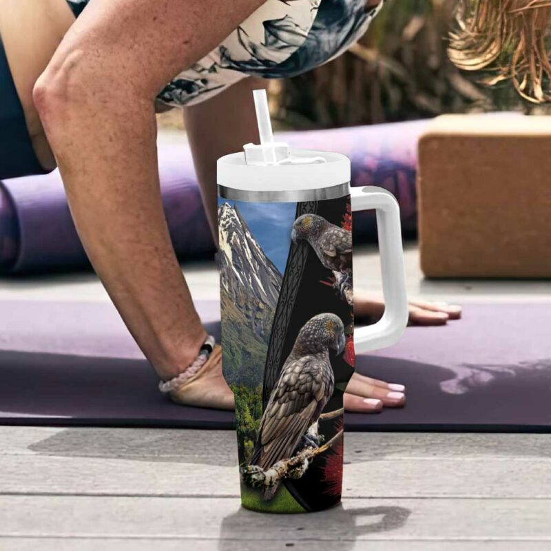 New Zealand Kea And Pohutukawa With The Mountain Landscape Custom Stanley Quencher 40oz Stainless Steel Tumbler With Handle - Threewoofs - Image 6