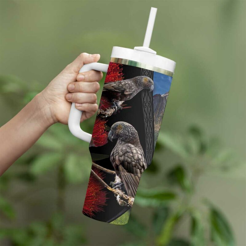 New Zealand Kea And Pohutukawa With The Mountain Landscape Custom Stanley Quencher 40oz Stainless Steel Tumbler With Handle - Threewoofs - Image 3