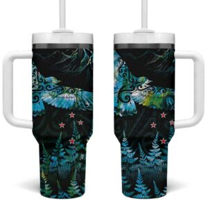 New Zealand Kea Bird Maori Tattoo and Silver Fern Paua Shell Custom Stanley Quencher 40oz Stainless Steel Tumbler With Handle - Threewoofs