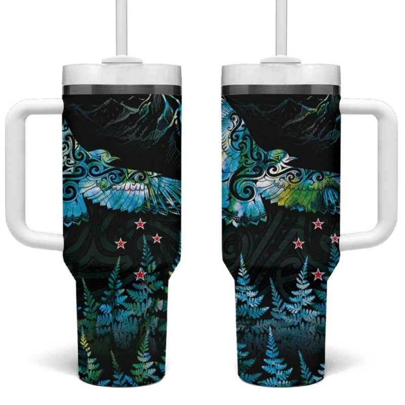 New Zealand Kea Bird Maori Tattoo and Silver Fern Paua Shell Custom Stanley Quencher 40oz Stainless Steel Tumbler With Handle - Threewoofs