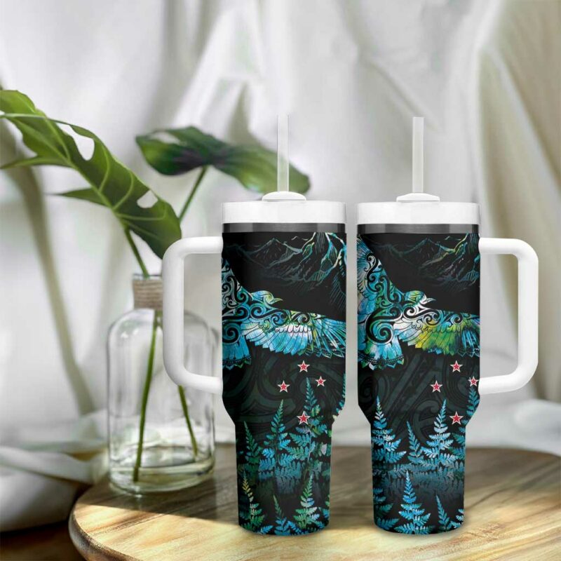 New Zealand Kea Bird Maori Tattoo and Silver Fern Paua Shell Custom Stanley Quencher 40oz Stainless Steel Tumbler With Handle - Threewoofs - Image 9