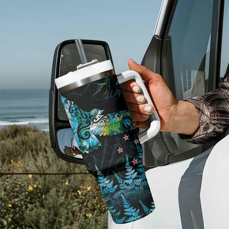 New Zealand Kea Bird Maori Tattoo and Silver Fern Paua Shell Custom Stanley Quencher 40oz Stainless Steel Tumbler With Handle - Threewoofs - Image 7