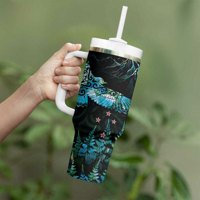 New Zealand Kea Bird Maori Tattoo and Silver Fern Paua Shell Custom Stanley Quencher 40oz Stainless Steel Tumbler With Handle - Threewoofs - Image 3