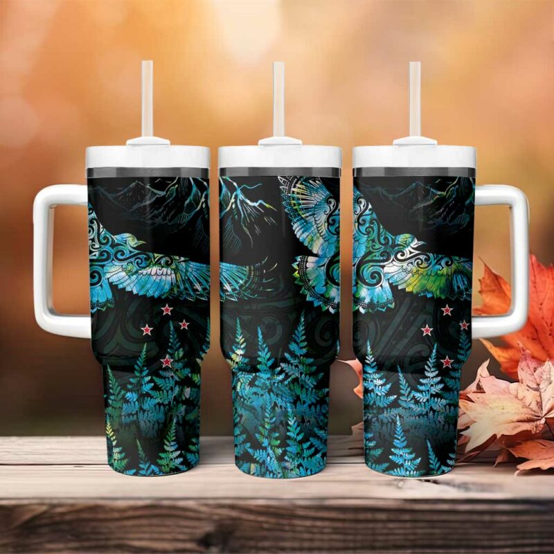 New Zealand Kea Bird Maori Tattoo and Silver Fern Paua Shell Custom Stanley Quencher 40oz Stainless Steel Tumbler With Handle - Threewoofs - Image 4
