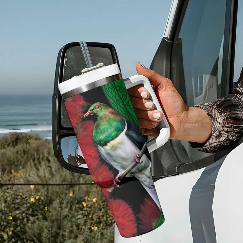 New Zealand Kereru And Pohutukawa Maori Tribal Tattoo Custom Stanley Quencher 40oz Stainless Steel Tumbler With Handle - Threewoofs - Image 7