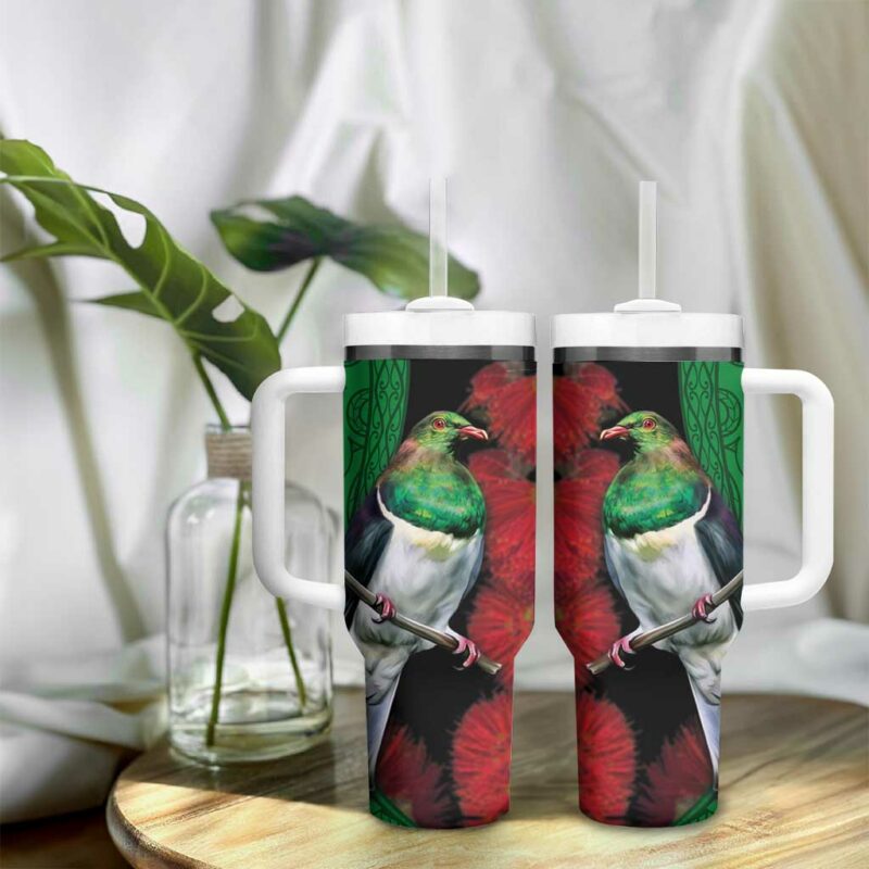New Zealand Kereru And Pohutukawa Maori Tribal Tattoo Custom Stanley Quencher 40oz Stainless Steel Tumbler With Handle - Threewoofs - Image 9
