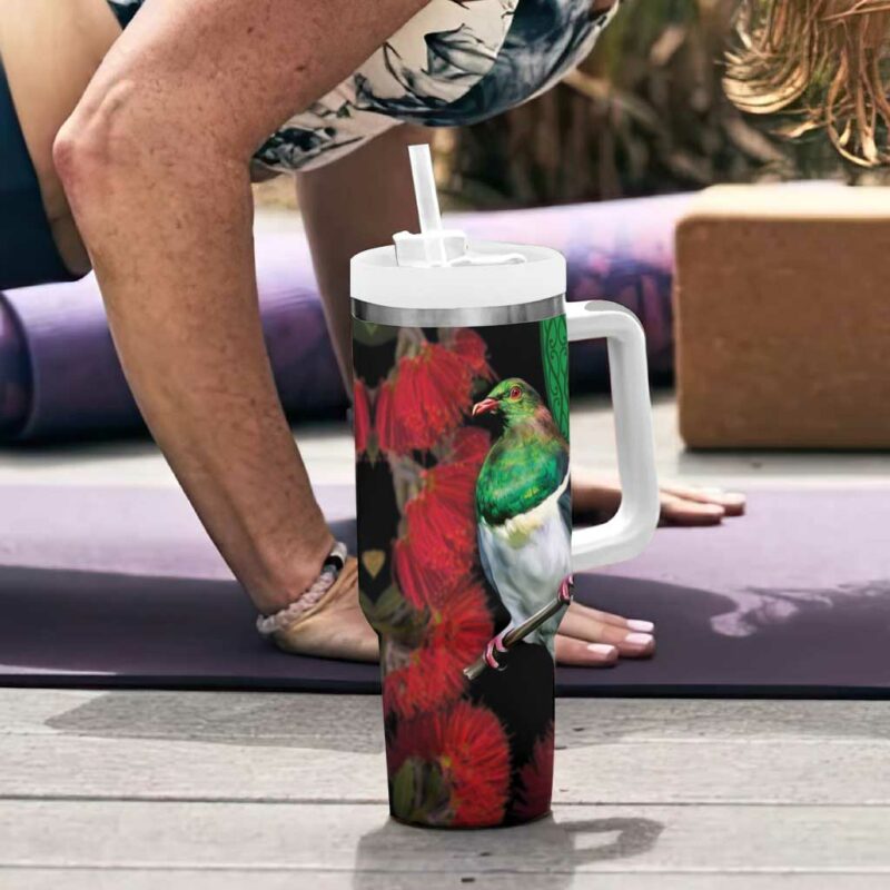 New Zealand Kereru And Pohutukawa Maori Tribal Tattoo Custom Stanley Quencher 40oz Stainless Steel Tumbler With Handle - Threewoofs - Image 6