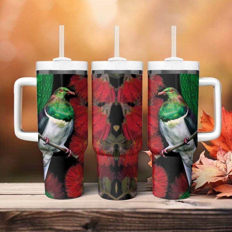 New Zealand Kereru And Pohutukawa Maori Tribal Tattoo Custom Stanley Quencher 40oz Stainless Steel Tumbler With Handle - Threewoofs - Image 4