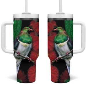 New Zealand Kereru And Pohutukawa Maori Tribal Tattoo Custom Stanley Quencher 40oz Stainless Steel Tumbler With Handle - Threewoofs