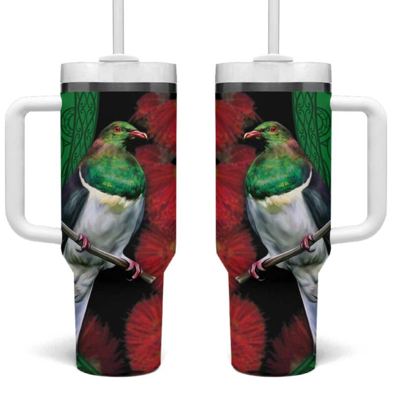 New Zealand Kereru And Pohutukawa Maori Tribal Tattoo Custom Stanley Quencher 40oz Stainless Steel Tumbler With Handle - Threewoofs