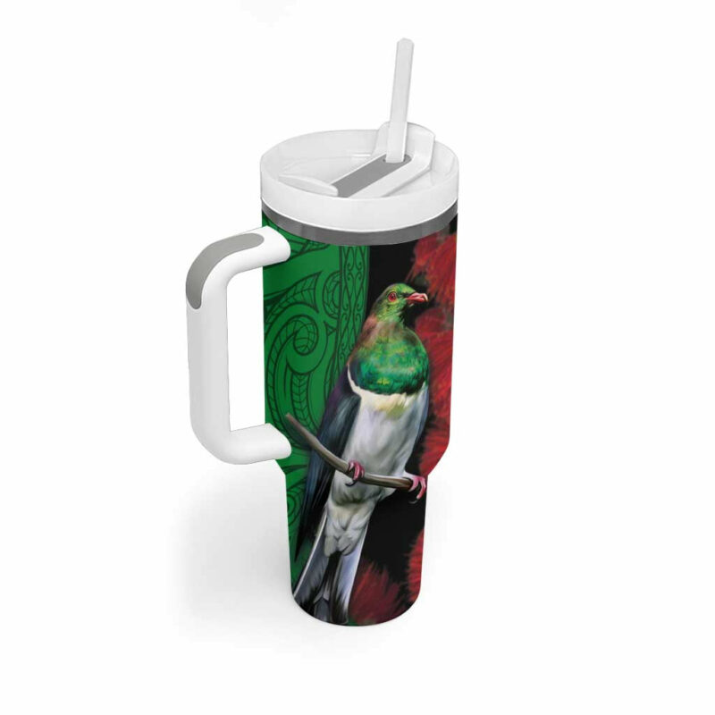 New Zealand Kereru And Pohutukawa Maori Tribal Tattoo Custom Stanley Quencher 40oz Stainless Steel Tumbler With Handle - Threewoofs - Image 2