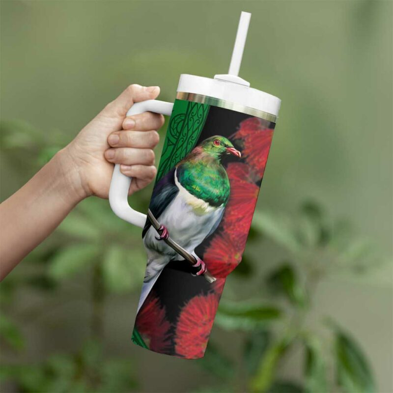 New Zealand Kereru And Pohutukawa Maori Tribal Tattoo Custom Stanley Quencher 40oz Stainless Steel Tumbler With Handle - Threewoofs - Image 3