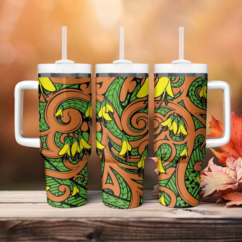 New Zealand Kowhai Flowers Maori Koru Custom Stanley Quencher 40oz Stainless Steel Tumbler With Handle - Threewoofs - Image 4