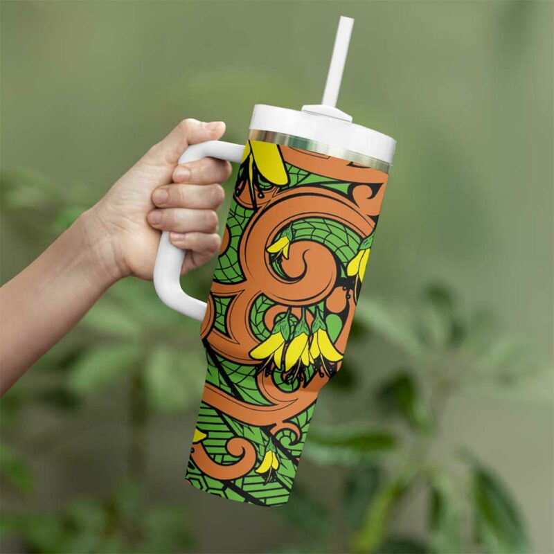 New Zealand Kowhai Flowers Maori Koru Custom Stanley Quencher 40oz Stainless Steel Tumbler With Handle - Threewoofs - Image 3