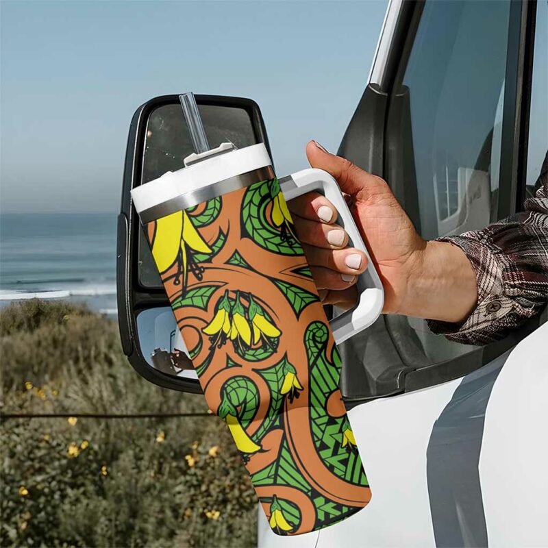 New Zealand Kowhai Flowers Maori Koru Custom Stanley Quencher 40oz Stainless Steel Tumbler With Handle - Threewoofs - Image 7