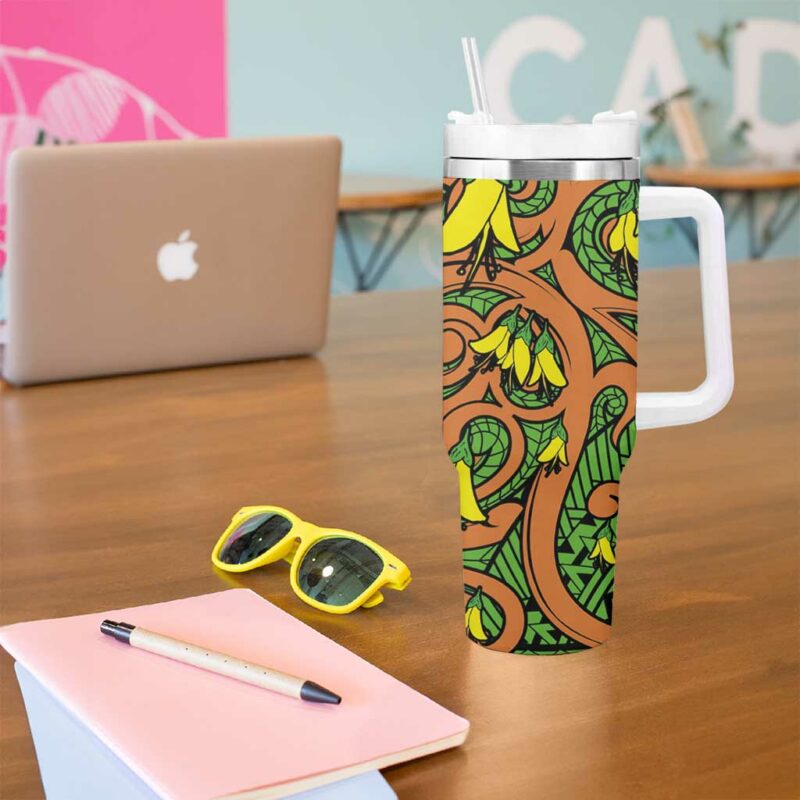 New Zealand Kowhai Flowers Maori Koru Custom Stanley Quencher 40oz Stainless Steel Tumbler With Handle - Threewoofs - Image 5