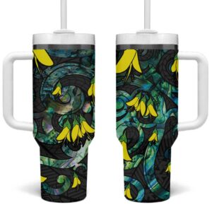 New Zealand Kowhai Flowers Maori Koru With Paua Shell Custom Stanley Quencher 40oz Stainless Steel Tumbler With Handle - Threewoofs