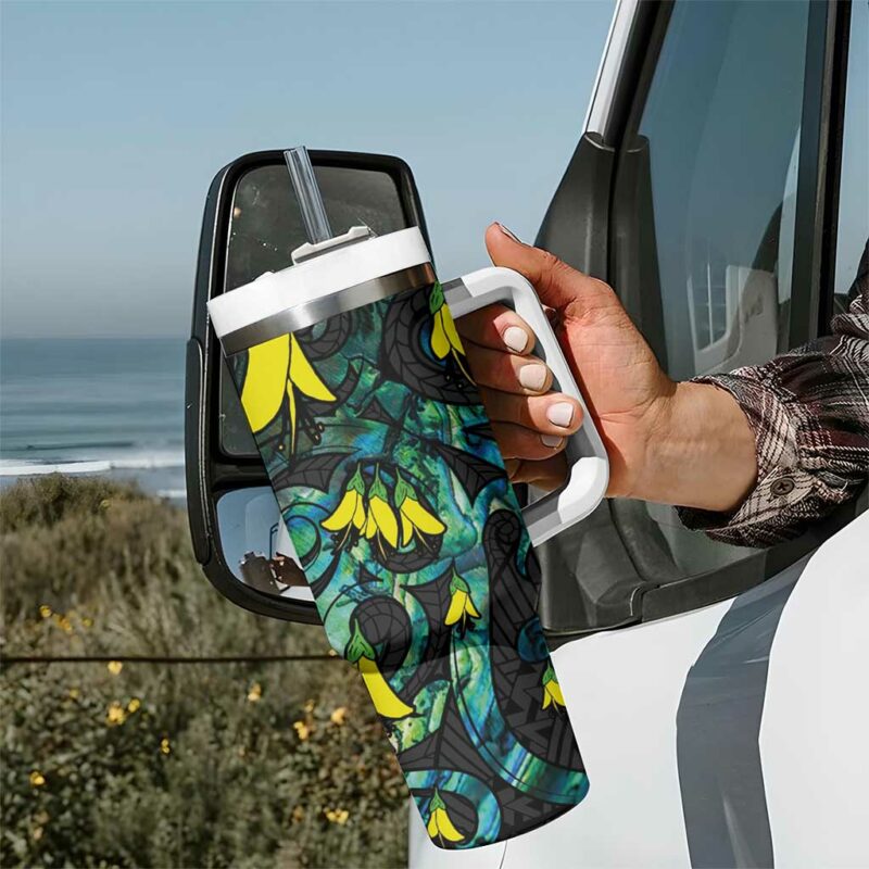 New Zealand Kowhai Flowers Maori Koru With Paua Shell Custom Stanley Quencher 40oz Stainless Steel Tumbler With Handle - Threewoofs - Image 7
