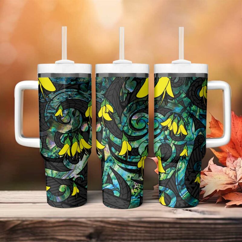 New Zealand Kowhai Flowers Maori Koru With Paua Shell Custom Stanley Quencher 40oz Stainless Steel Tumbler With Handle - Threewoofs - Image 4