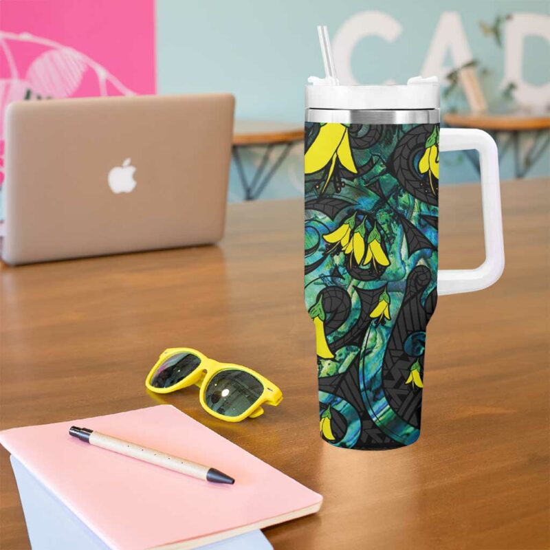 New Zealand Kowhai Flowers Maori Koru With Paua Shell Custom Stanley Quencher 40oz Stainless Steel Tumbler With Handle - Threewoofs - Image 5
