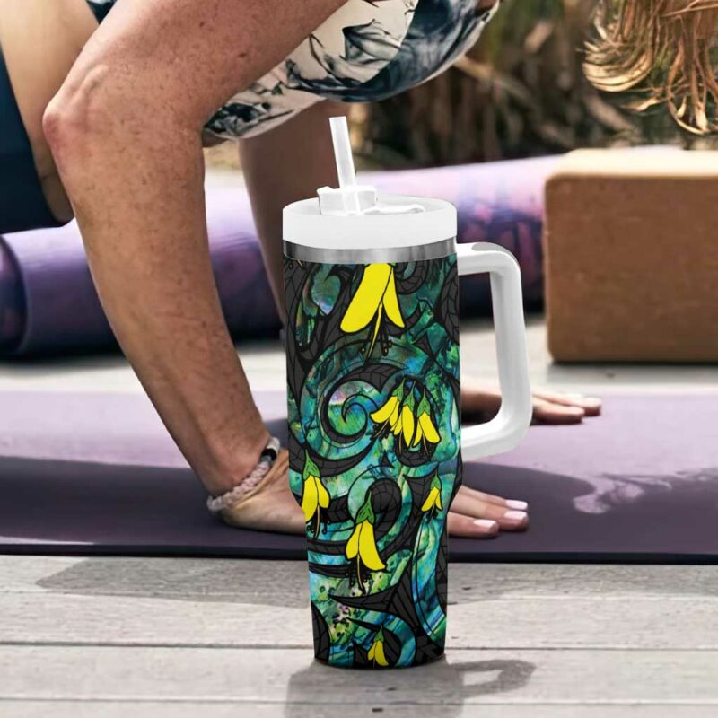 New Zealand Kowhai Flowers Maori Koru With Paua Shell Custom Stanley Quencher 40oz Stainless Steel Tumbler With Handle - Threewoofs - Image 6