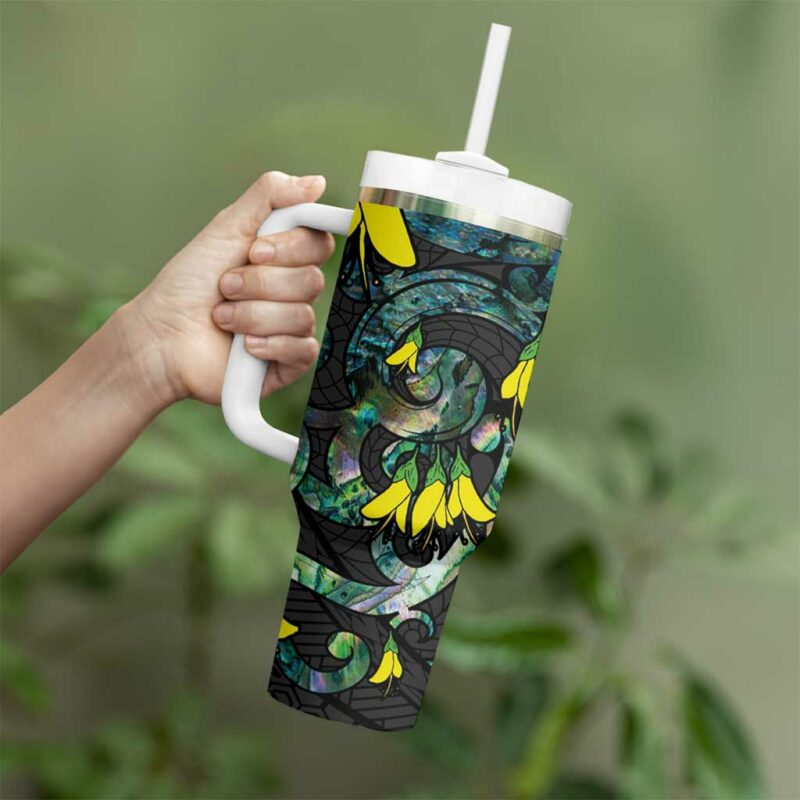 New Zealand Kowhai Flowers Maori Koru With Paua Shell Custom Stanley Quencher 40oz Stainless Steel Tumbler With Handle - Threewoofs - Image 3