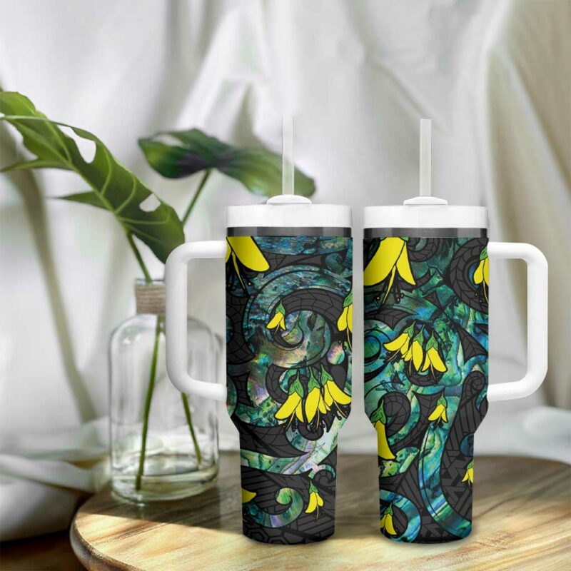 New Zealand Kowhai Flowers Maori Koru With Paua Shell Custom Stanley Quencher 40oz Stainless Steel Tumbler With Handle - Threewoofs - Image 9