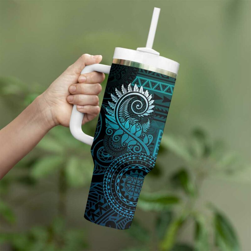 New Zealand Maori Koru Fern Spiral Polynesian Aqua Gradient Custom Stanley Quencher 40oz Stainless Steel Tumbler With Handle - Threewoofs - Image 3