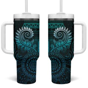 New Zealand Maori Koru Fern Spiral Polynesian Aqua Gradient Custom Stanley Quencher 40oz Stainless Steel Tumbler With Handle - Threewoofs