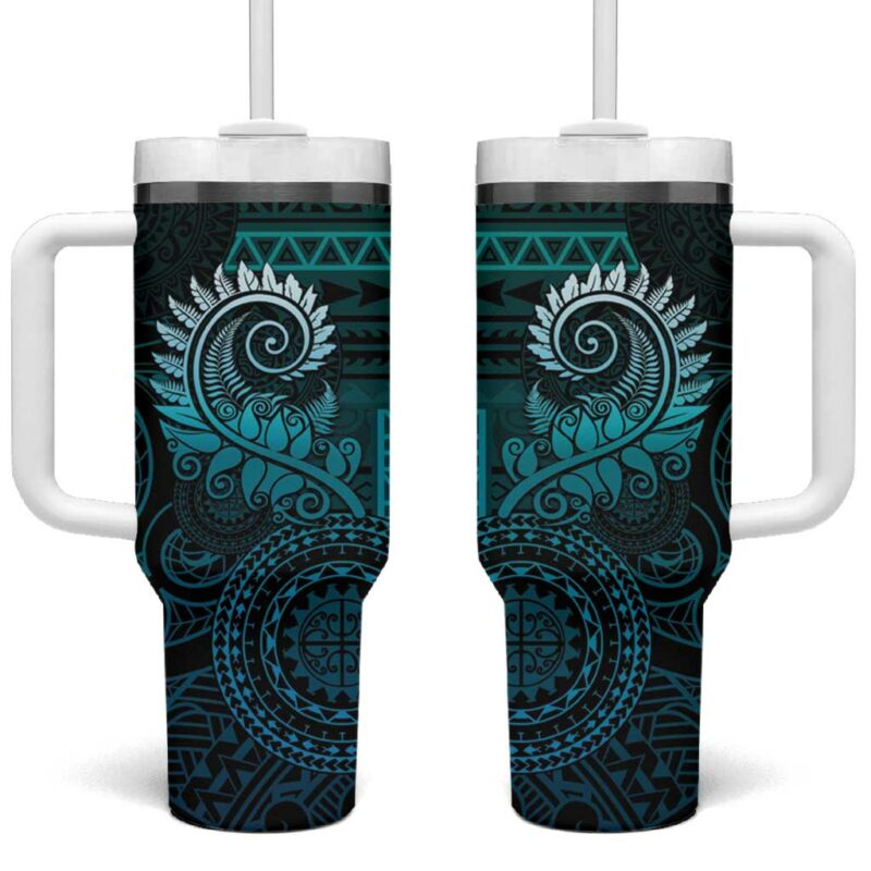 New Zealand Maori Koru Fern Spiral Polynesian Aqua Gradient Custom Stanley Quencher 40oz Stainless Steel Tumbler With Handle - Threewoofs