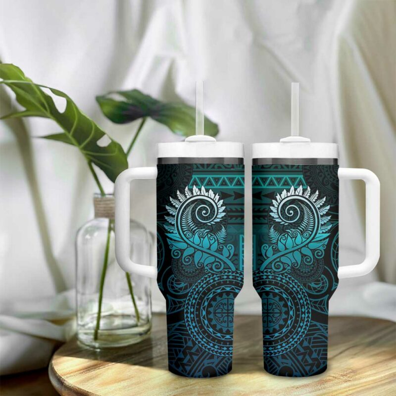 New Zealand Maori Koru Fern Spiral Polynesian Aqua Gradient Custom Stanley Quencher 40oz Stainless Steel Tumbler With Handle - Threewoofs - Image 9