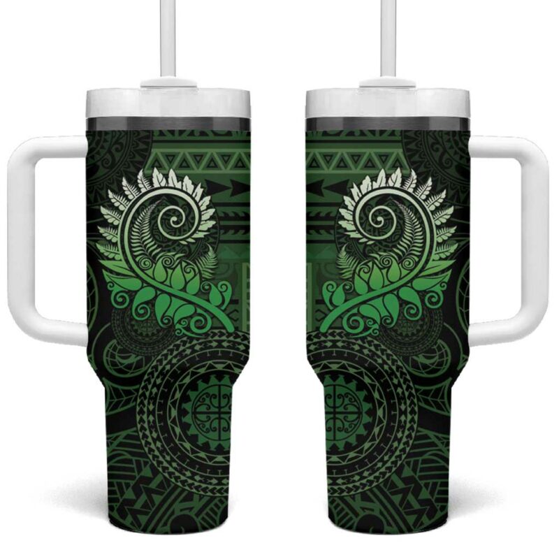 New Zealand Maori Koru Fern Spiral Polynesian Green Custom Stanley Quencher 40oz Stainless Steel Tumbler With Handle - Threewoofs