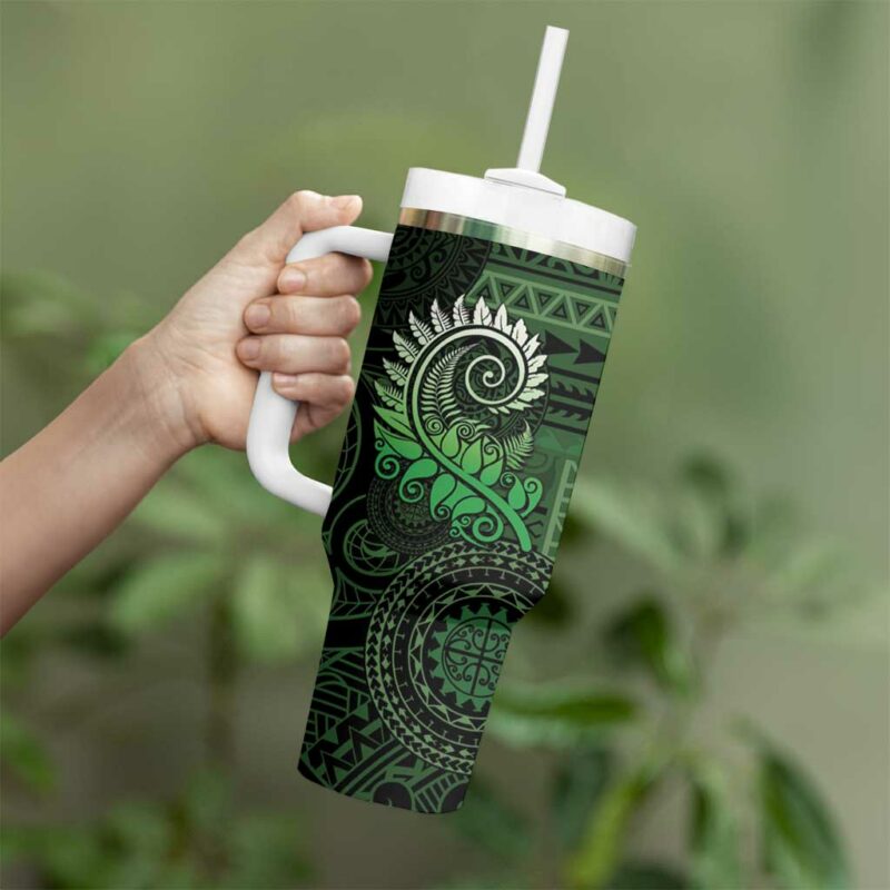 New Zealand Maori Koru Fern Spiral Polynesian Green Custom Stanley Quencher 40oz Stainless Steel Tumbler With Handle - Threewoofs - Image 3