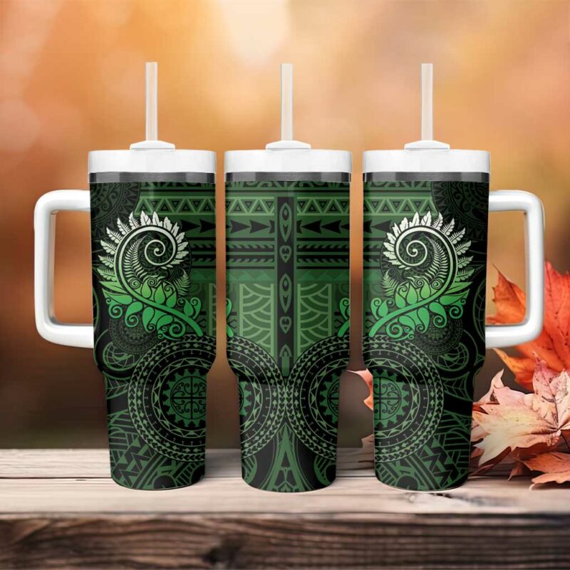 New Zealand Maori Koru Fern Spiral Polynesian Green Custom Stanley Quencher 40oz Stainless Steel Tumbler With Handle - Threewoofs - Image 4