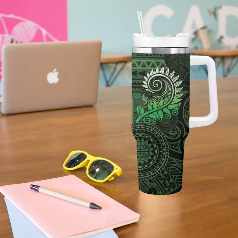 New Zealand Maori Koru Fern Spiral Polynesian Green Custom Stanley Quencher 40oz Stainless Steel Tumbler With Handle - Threewoofs - Image 5