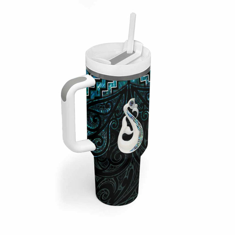 New Zealand Maori Poutama Manaia Turquoise Paua Shell Custom Stanley Quencher 40oz Stainless Steel Tumbler With Handle - Threewoofs - Image 2