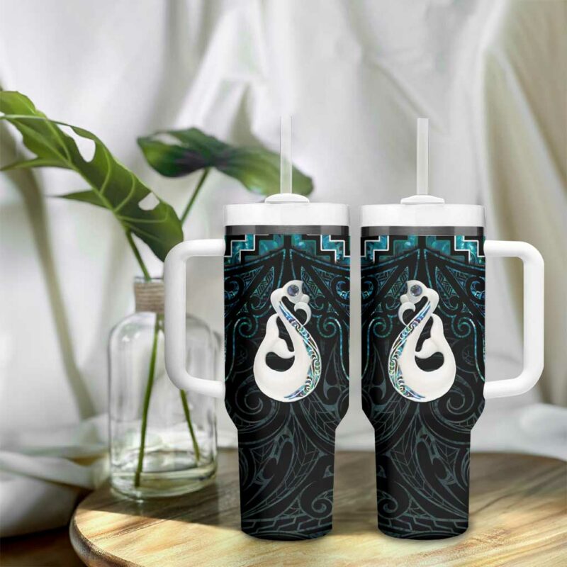 New Zealand Maori Poutama Manaia Turquoise Paua Shell Custom Stanley Quencher 40oz Stainless Steel Tumbler With Handle - Threewoofs - Image 9