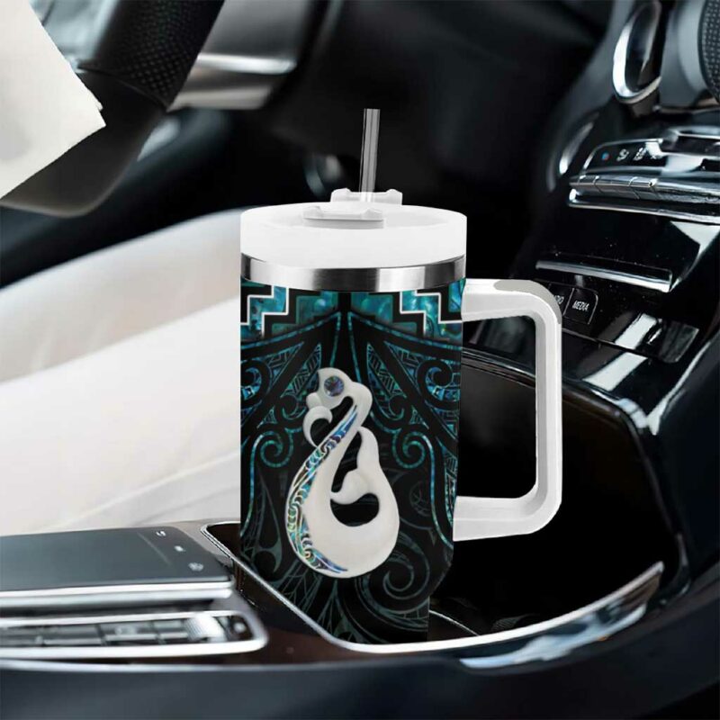 New Zealand Maori Poutama Manaia Turquoise Paua Shell Custom Stanley Quencher 40oz Stainless Steel Tumbler With Handle - Threewoofs - Image 8