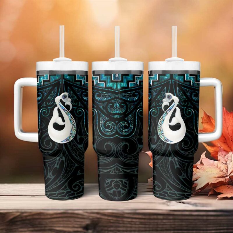 New Zealand Maori Poutama Manaia Turquoise Paua Shell Custom Stanley Quencher 40oz Stainless Steel Tumbler With Handle - Threewoofs - Image 4