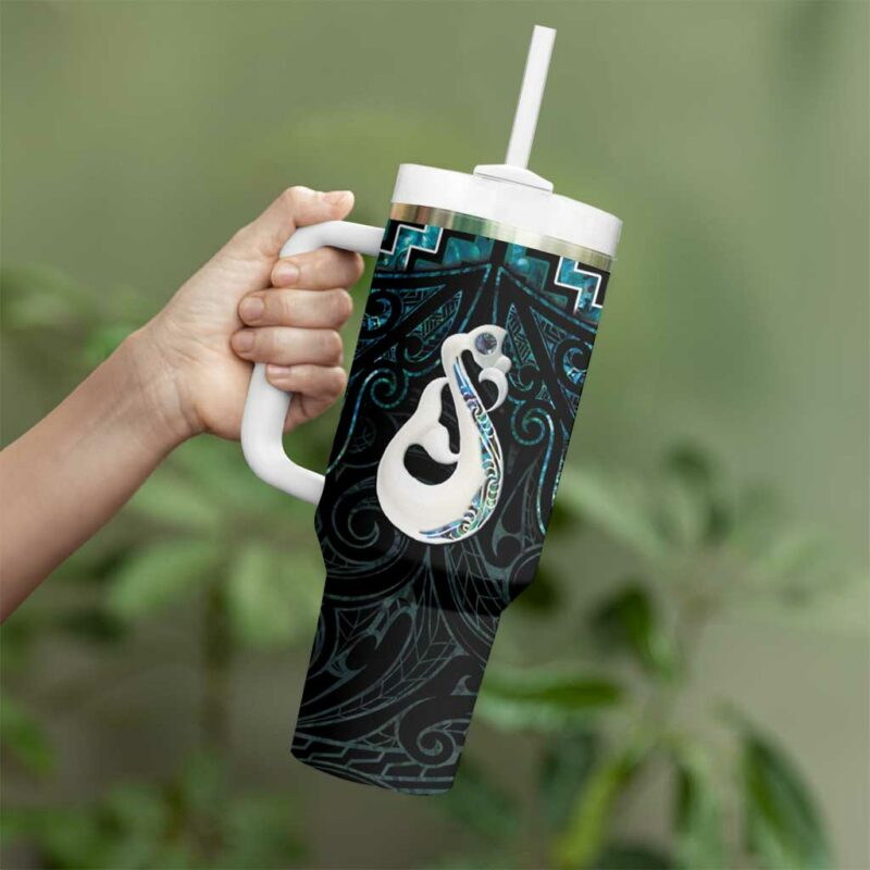New Zealand Maori Poutama Manaia Turquoise Paua Shell Custom Stanley Quencher 40oz Stainless Steel Tumbler With Handle - Threewoofs - Image 3