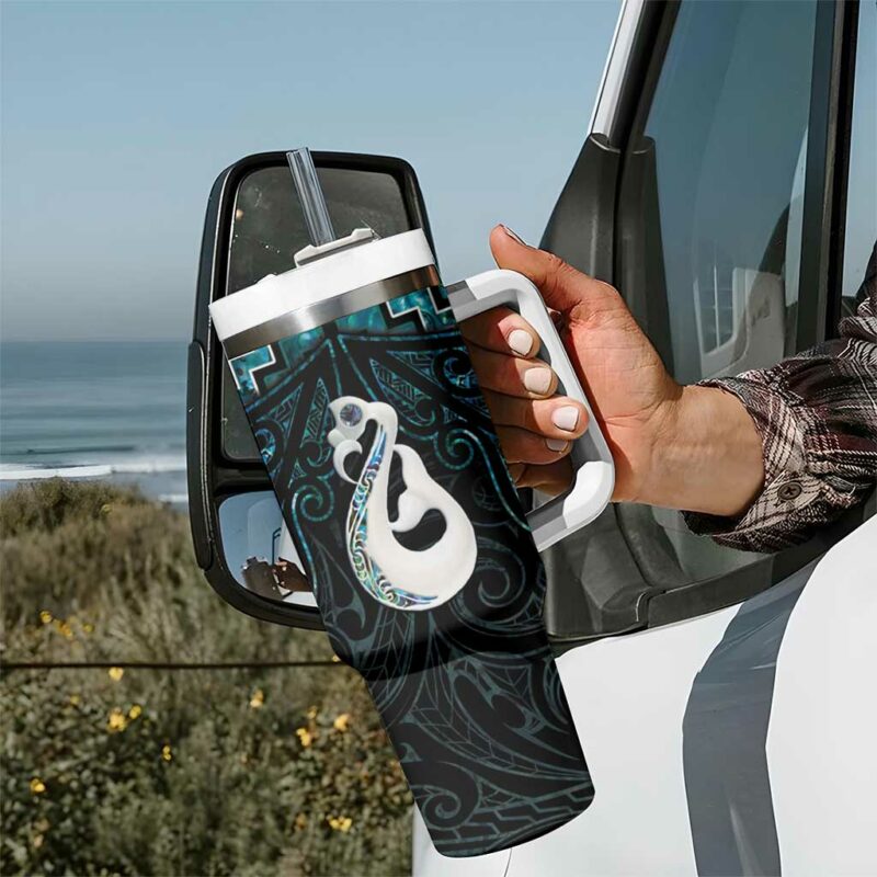 New Zealand Maori Poutama Manaia Turquoise Paua Shell Custom Stanley Quencher 40oz Stainless Steel Tumbler With Handle - Threewoofs - Image 7