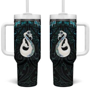 New Zealand Maori Poutama Manaia Turquoise Paua Shell Custom Stanley Quencher 40oz Stainless Steel Tumbler With Handle - Threewoofs