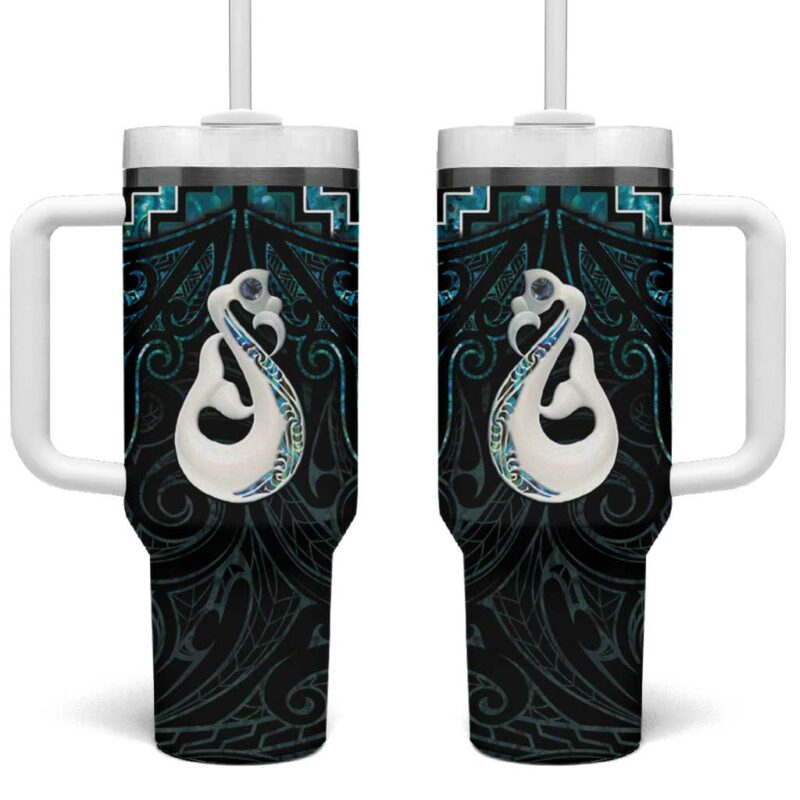 New Zealand Maori Poutama Manaia Turquoise Paua Shell Custom Stanley Quencher 40oz Stainless Steel Tumbler With Handle - Threewoofs