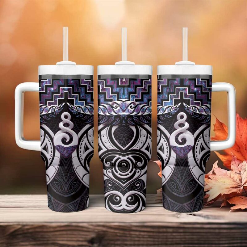 New Zealand Maori Poutama Pikorua Purple Paua Shell Custom Stanley Quencher 40oz Stainless Steel Tumbler With Handle - Threewoofs - Image 4